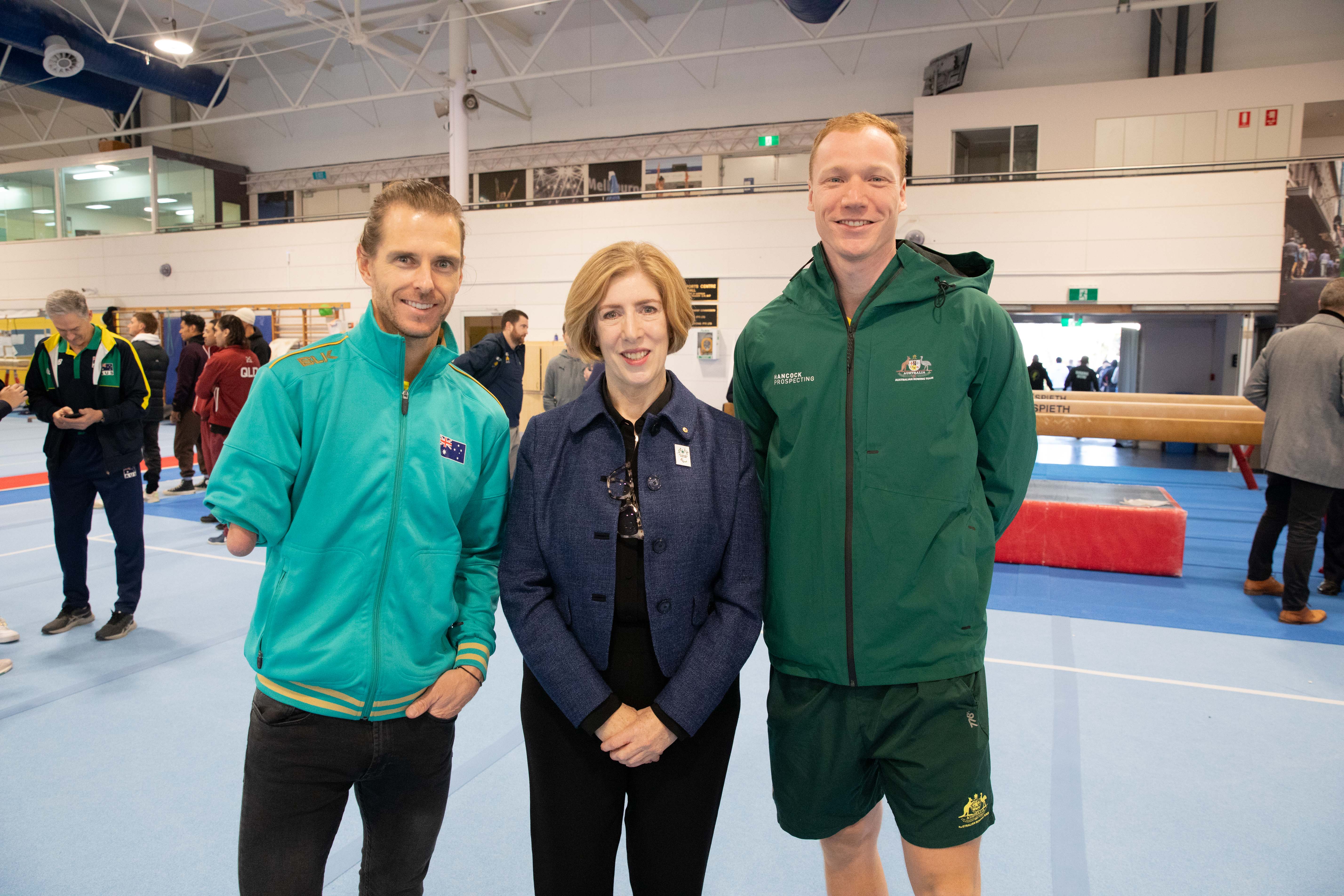 Paralympics Australia President Alison Creagh with Paralympians Michael Roeger (athletics) and Thomas Birtwhistle (rowing).