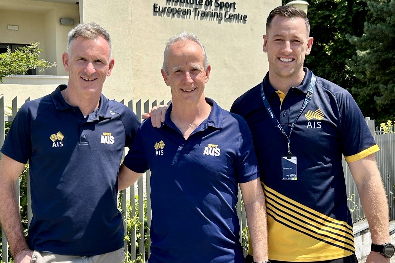 Luke Roberts (left) pictured at the AIS European Training Centre ETC in Italy prior to Paris with Dr David Hughes (AIS Chief Medical Officer) and Kristian Waller (AIS ETC Physiotherapist).