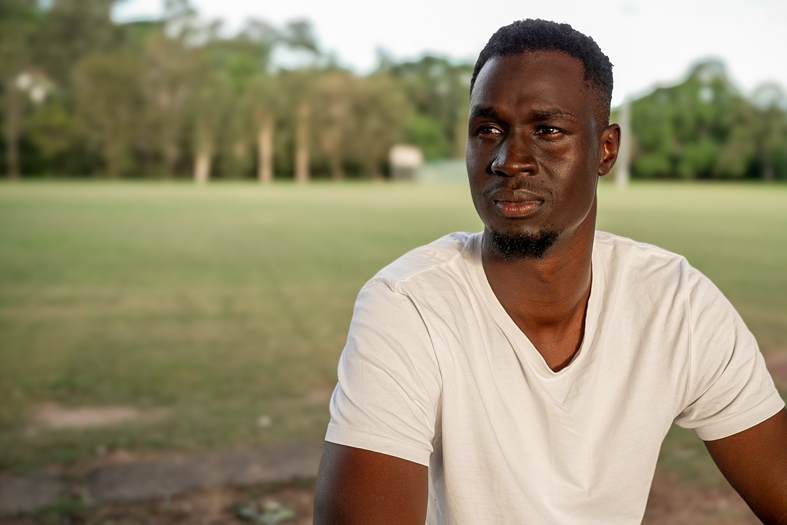 David Jongkuch Ayuen pictured with a sports field behind him.