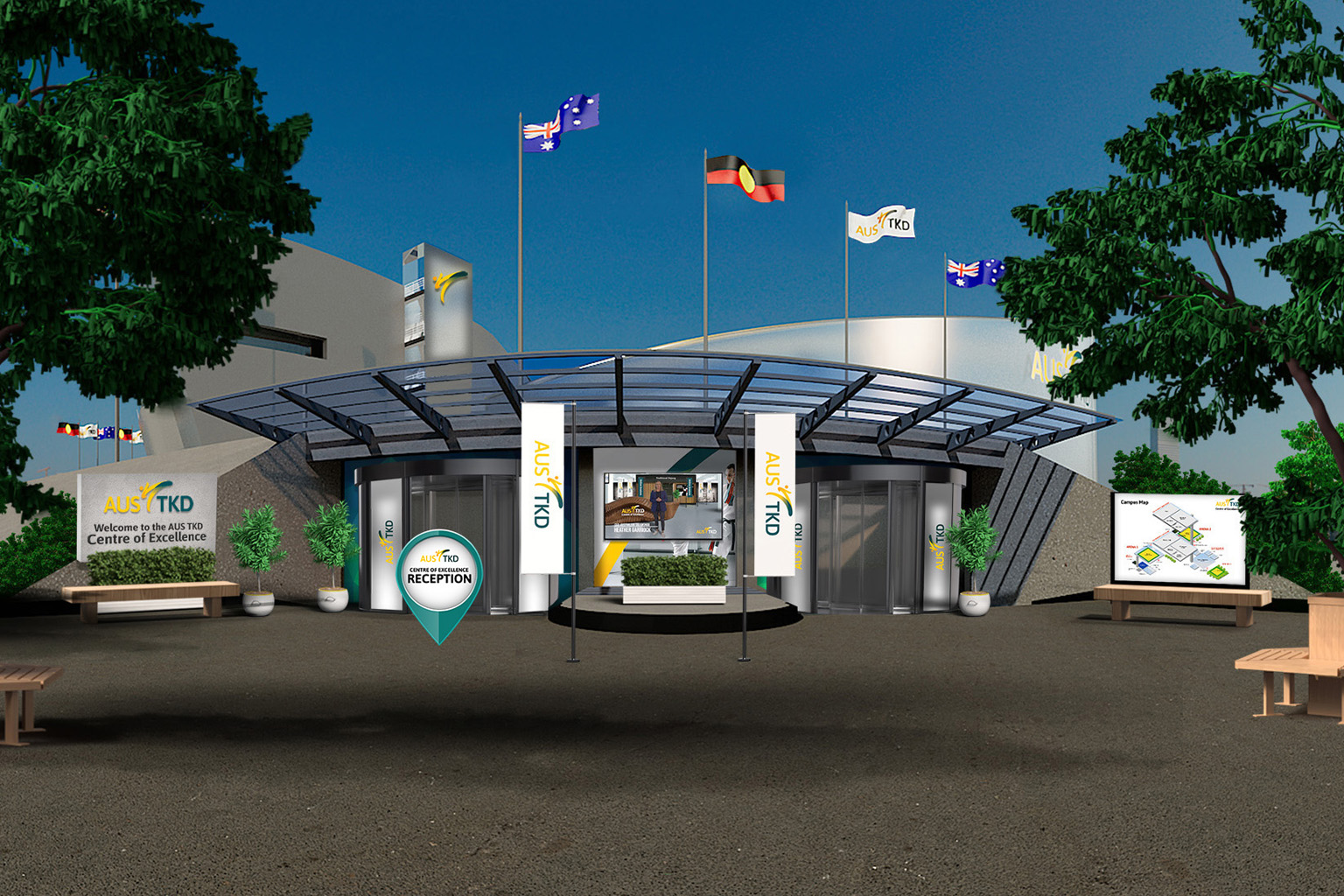 Digital artwork of a building with Aus TKD signage, Australian, Indigenous Australian and Aus TKD flags.