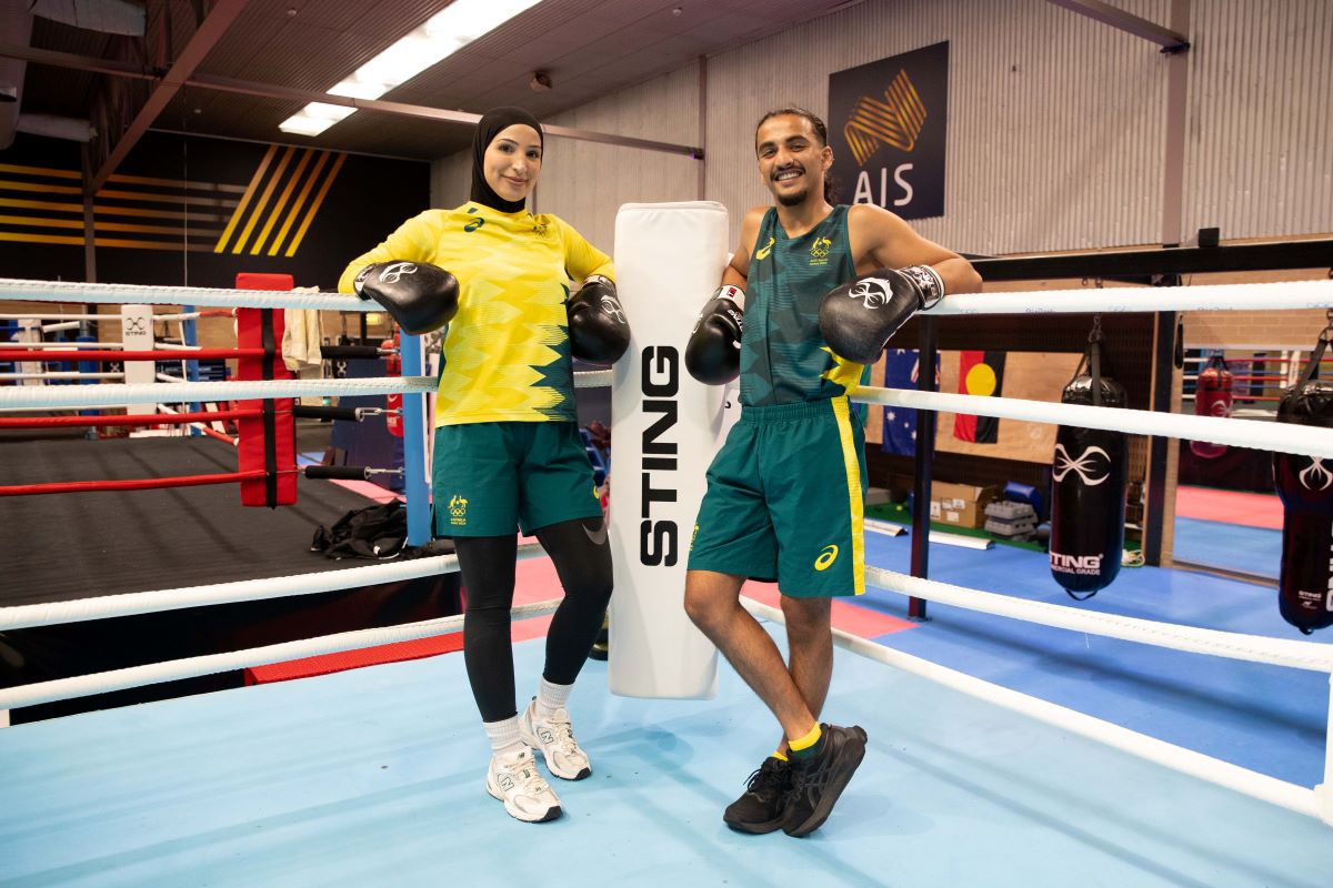 Olympians Tina Rahimi and Yusuf Chothia pictured at the AIS Combat Centre during Boxing Australia's High Performance Camp in January 2025.
