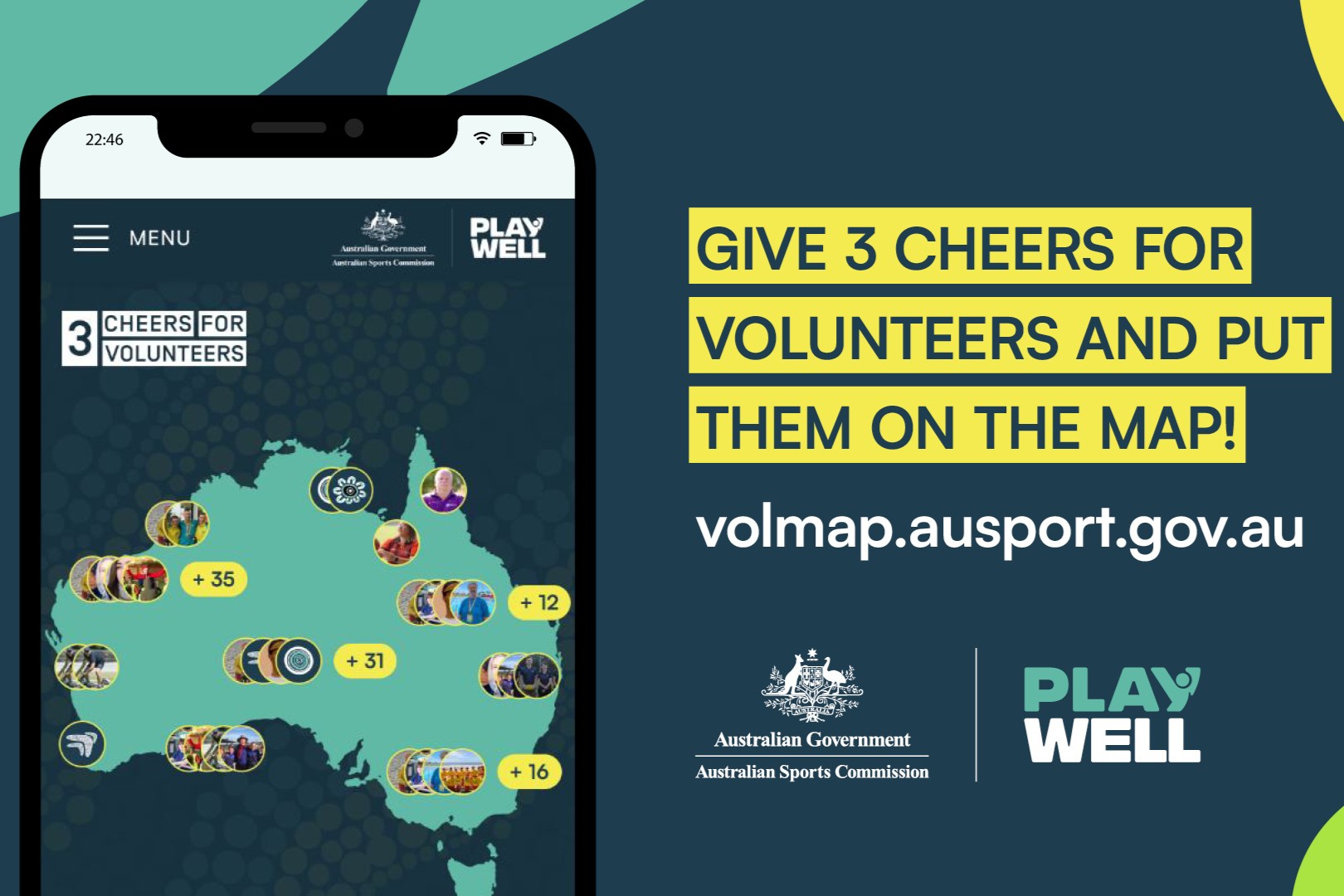 A banner which has an image of the new interactive volunteer map with the words, 'Give 3 cheers for volunteers and put them on the map!''
