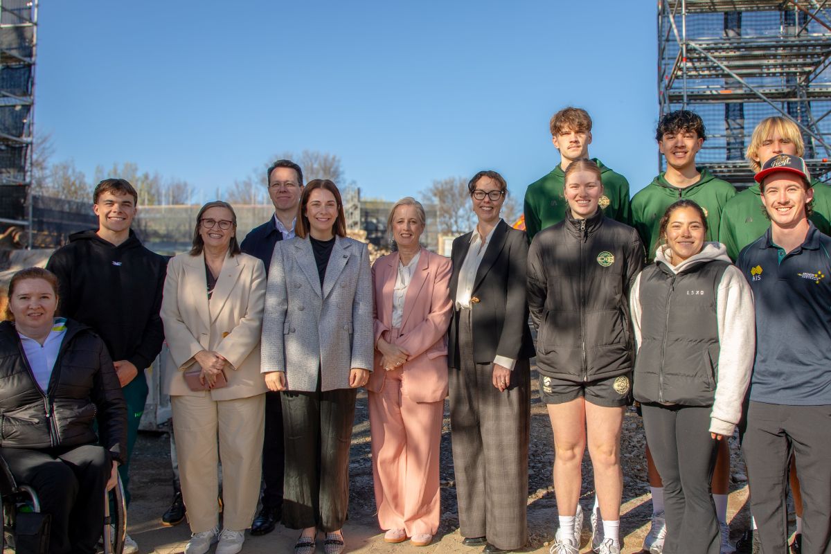 The Minister for Sport The Hon Anika Wells alongside Minister for Finance and Senator for the ACT Katy Gallagher, ASC Chair Kate Jenkins AO and ASC CEO Kieren Perkins OAM and Australian athletes at the AIS.