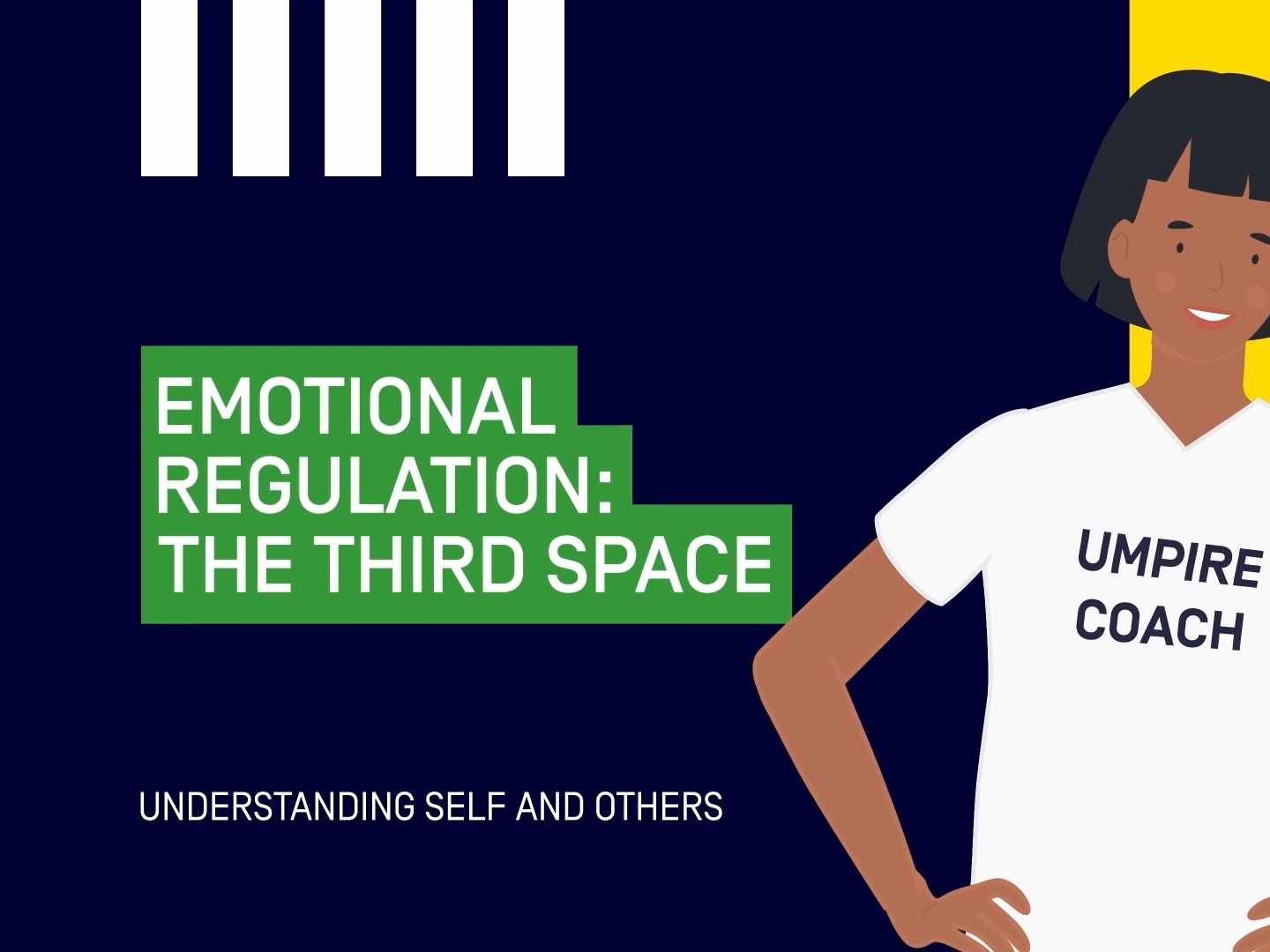 Graphic titled "Emotional Regulation: The Third Space" with an illustration of an umpire coach, introducing a topic on managing emotions and responses between events.