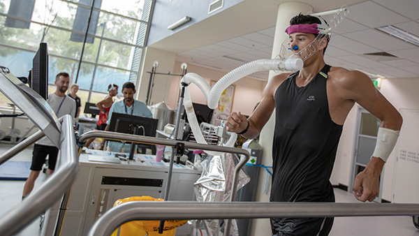 A race walker on the treadmill during a lab test