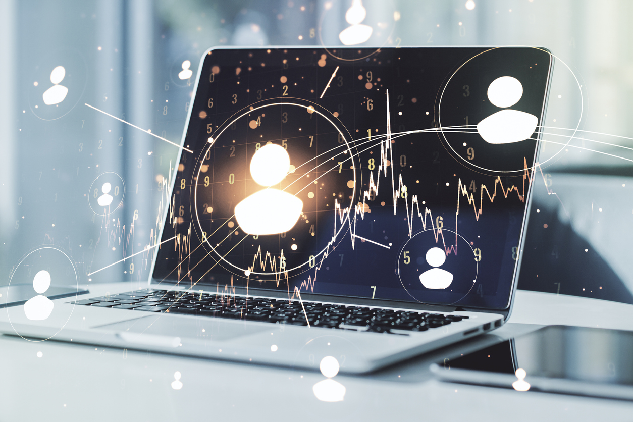 Social network media concept with modern computer on background.