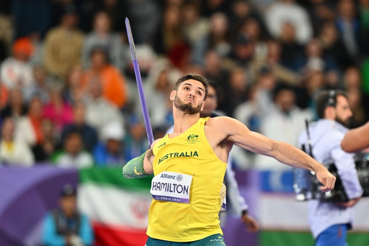 Jackson Hamilton preparing to throw a javelin at the Paris 2024 Paralympic Games.