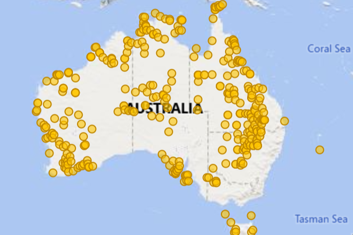 A map visualising the remote schools that recieved funding from Remote Sporting Schools, there are more than 400 dots across the map.