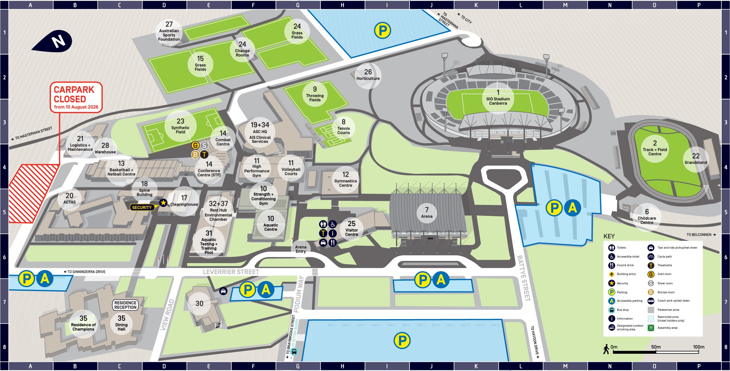An aerial map of the AIS Campus detailing closed and open car park locations