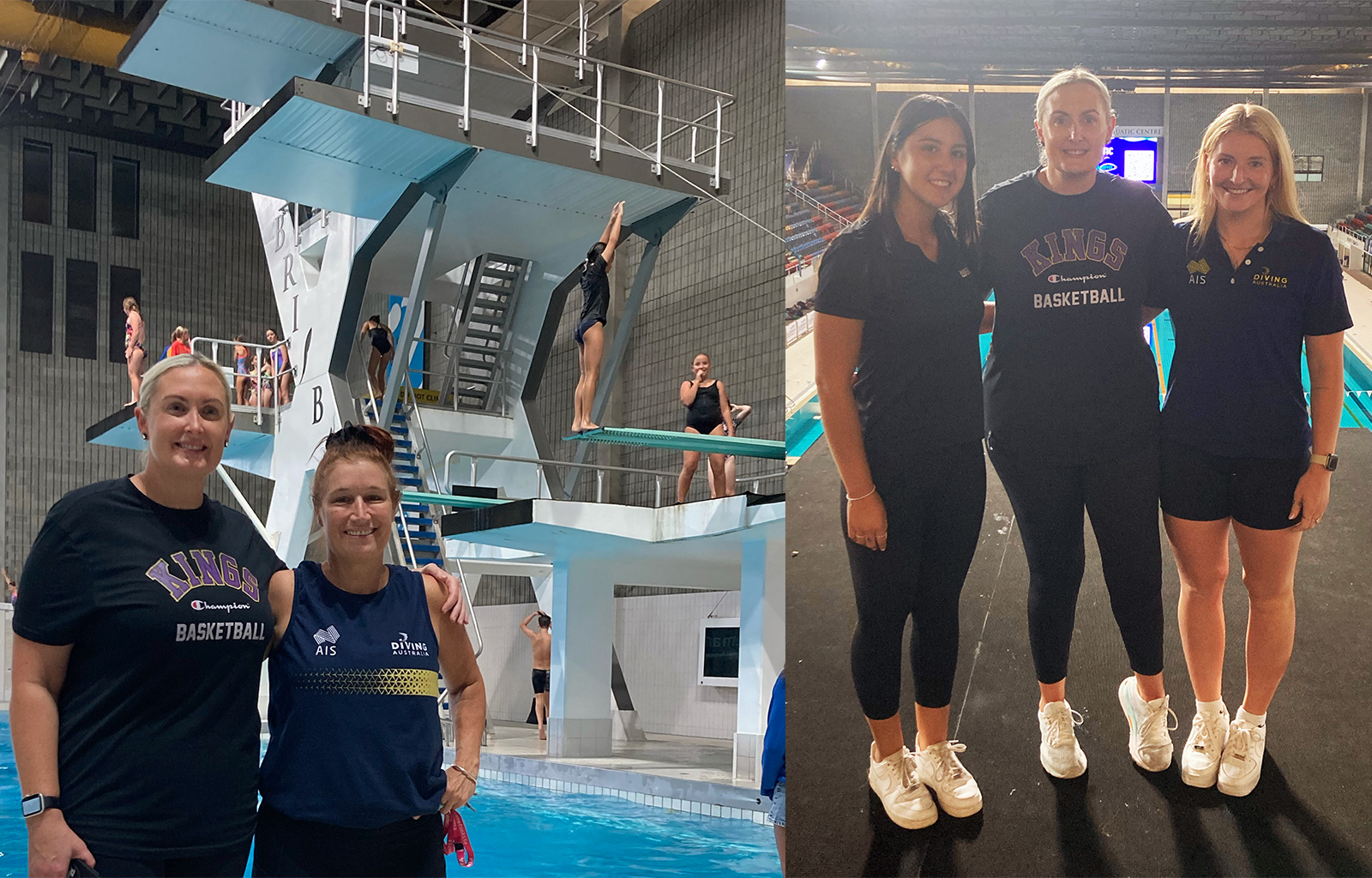 Collage of people posing at a diving pool