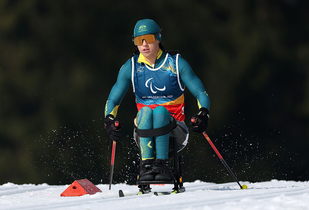 Lauren Parker competing in the Women's 10km sitting Para cross-country skiing event at the 2026 Winter Paralympics in Milano Cortina.