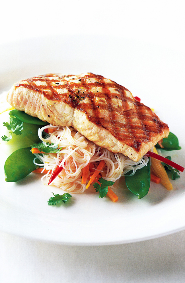 HINT: Fresh salmon fillets are delicious but can be expensive. Replace them with 400 g canned red salmon, drained and flaked into large chunks with a fork. This salad is also delicious with hokkien noodles
