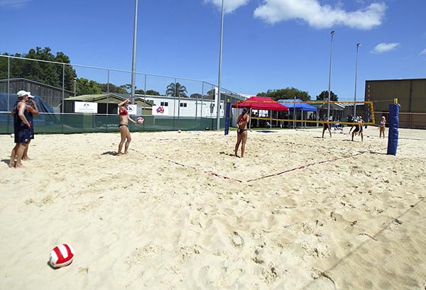 AIS Women's Beach Volleyball players in a demonstration game at the AIS/AVF Beach Volleyball courts in Adelaide