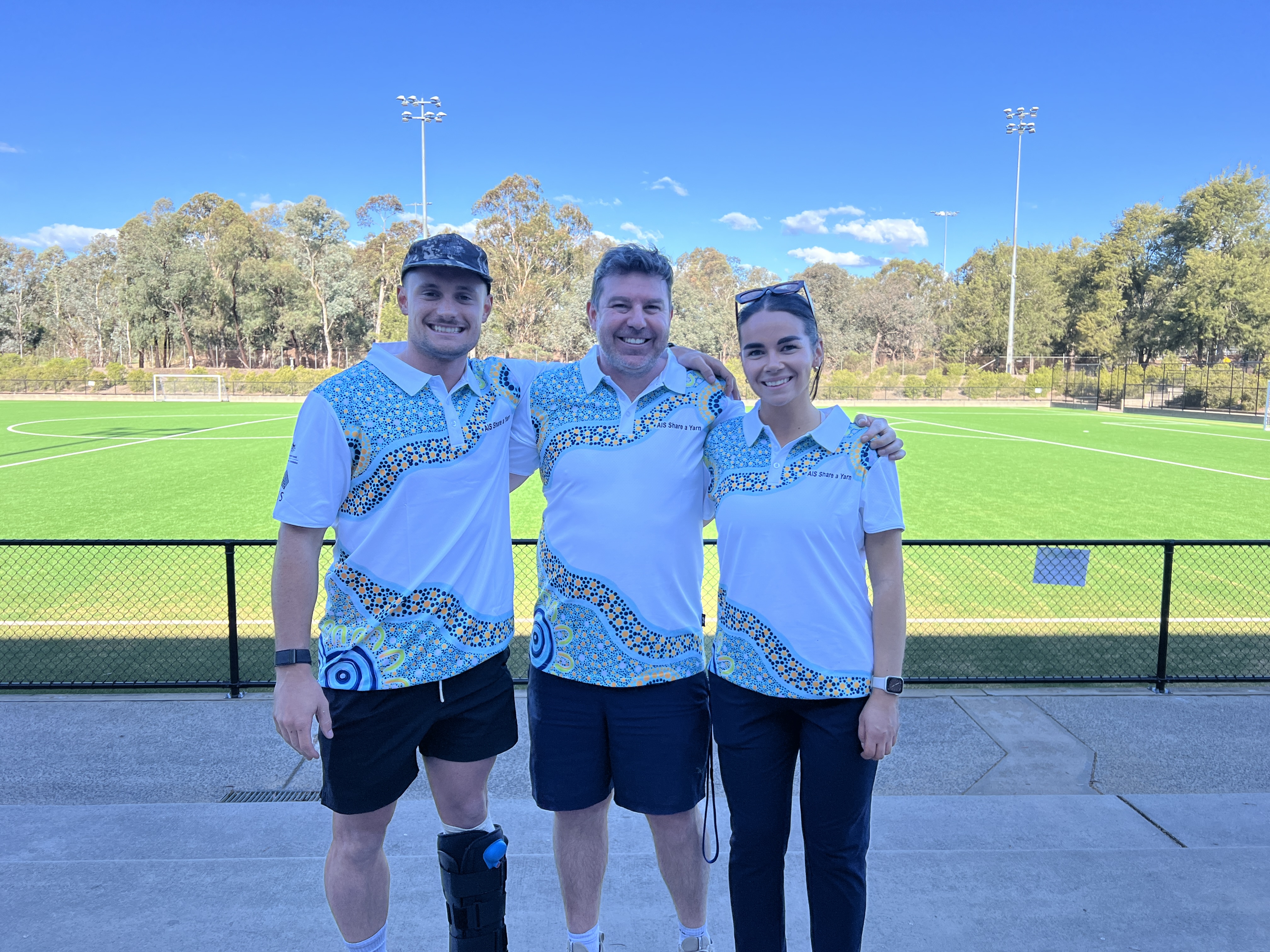 Connection to Country Officers from Victorian Institute of Sport Queensland Academy of Sport (QAS) and Tasmanian Institute of Sport (TIS) at the AIS Share a Yarn camp in Canberra.