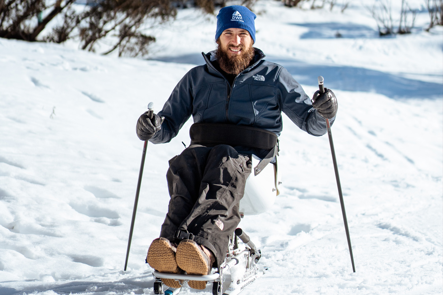 Participant Lincoln Budge in a Para Nordic Sit Ski at Falls Creek, VIC. Photo: DWA