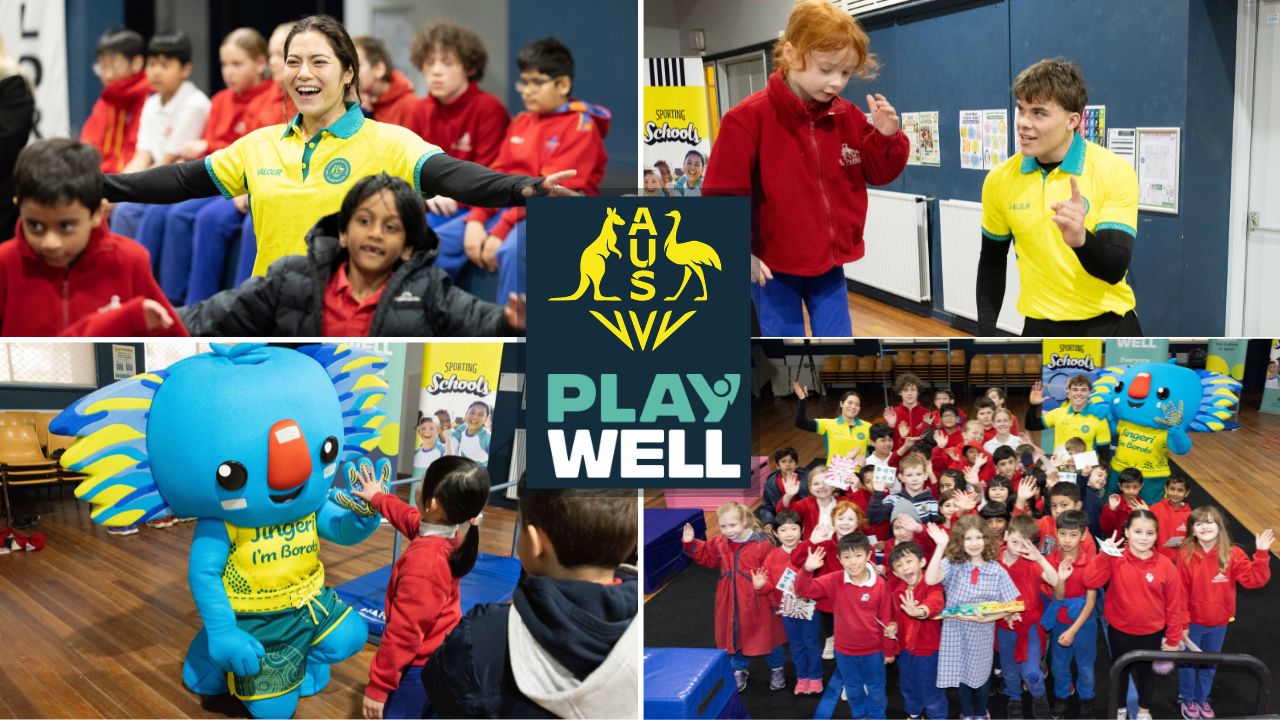 Four photos from the recent Sporting Schools visit to celebrate the partnership between Commonwealth Games Australia and Play Well. The images show gymnasts Georgia Godwin and Jesse Moore working with Year 1 and 2 students.