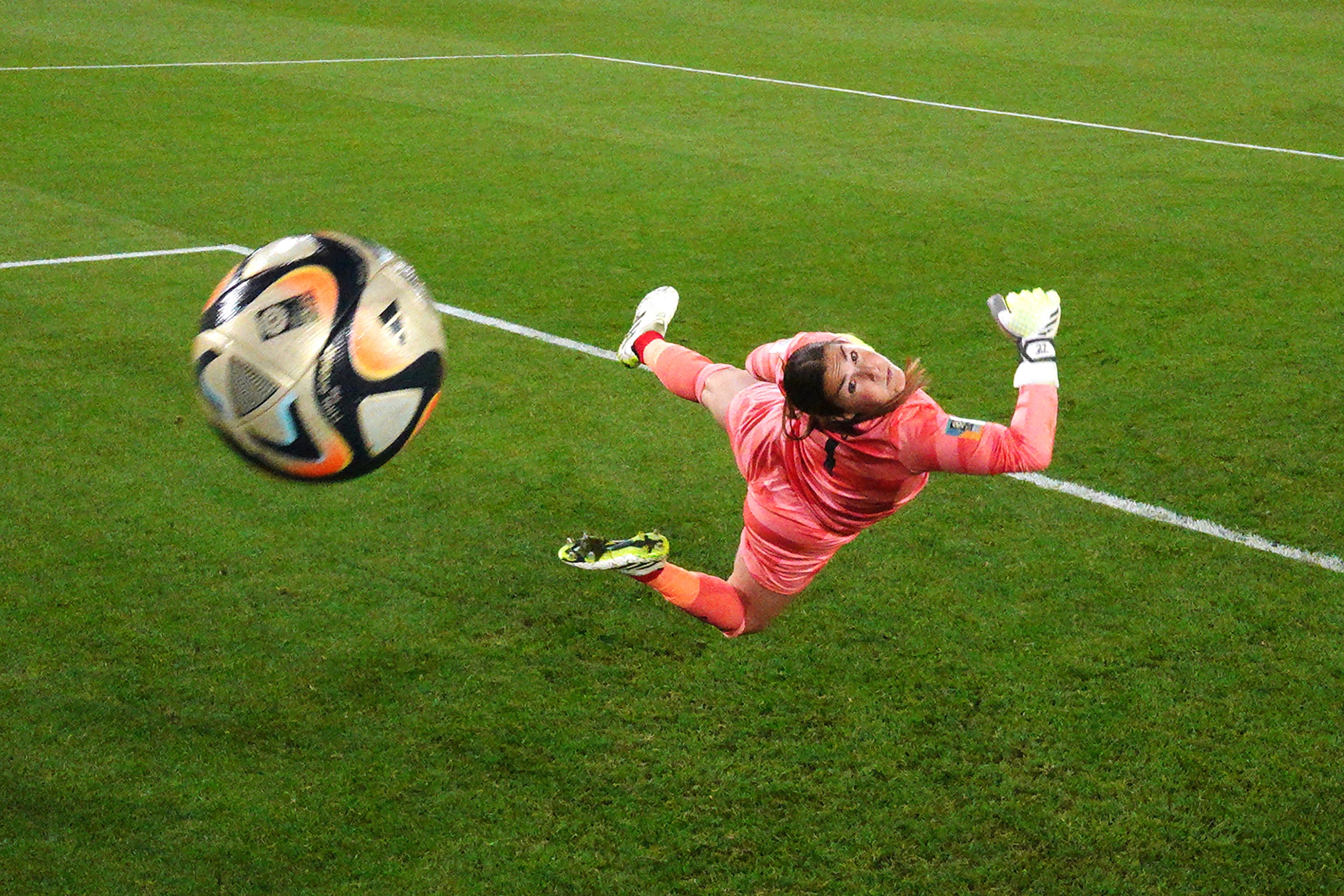 A remote camera installed inside the goal captures England goal keeper Mary Earps diving in vain to save a Sam Kerr goal in the Matildas FIFA Women’s World Cup semi-final match against England in Sydney.