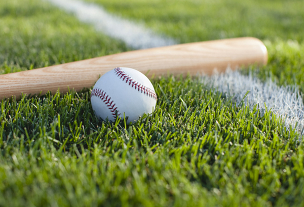 Baseball bat and ball on a grass field