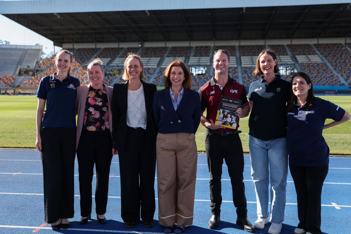 The research team and athletes Alyce Wood and Ella Sabljak join Sports Minister Anika Wells to launch the AIS Best Practice Recommendations to Support Elite Athletes from Preconception to Parenthood.