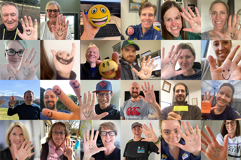 Montage of Sport Australia staff with faces drawn on their hands