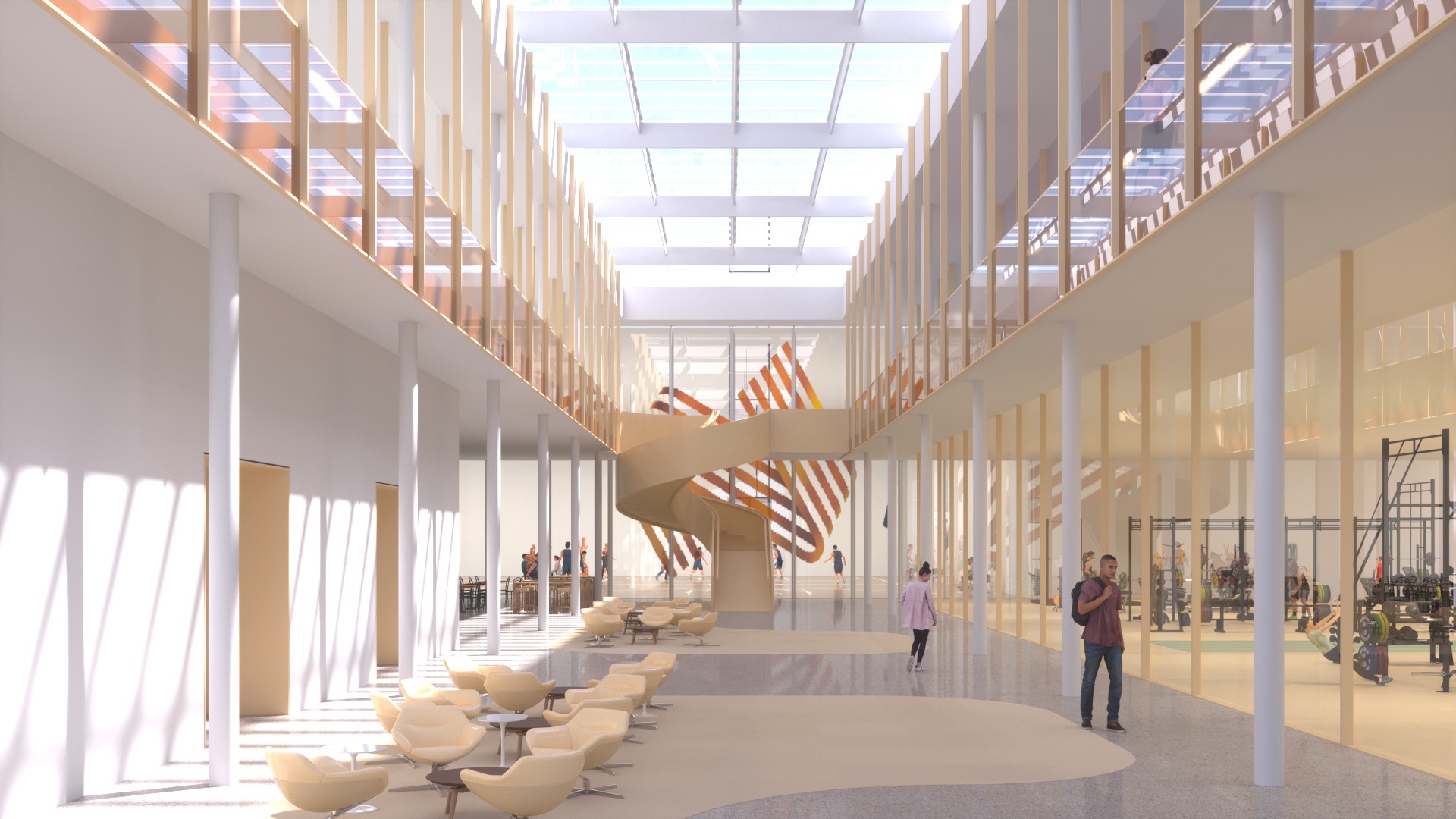 An artist's rendering of the AIS Podium Project's Training and Testing Centre. It shows an interior view of the building, featuring a large, open plan space with seating, gym equipment and a staircase to a second floor.