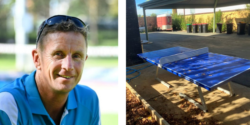 A table tennis table at a school in Shepparton Victoria and a photo of their teacher Stuart Shaw