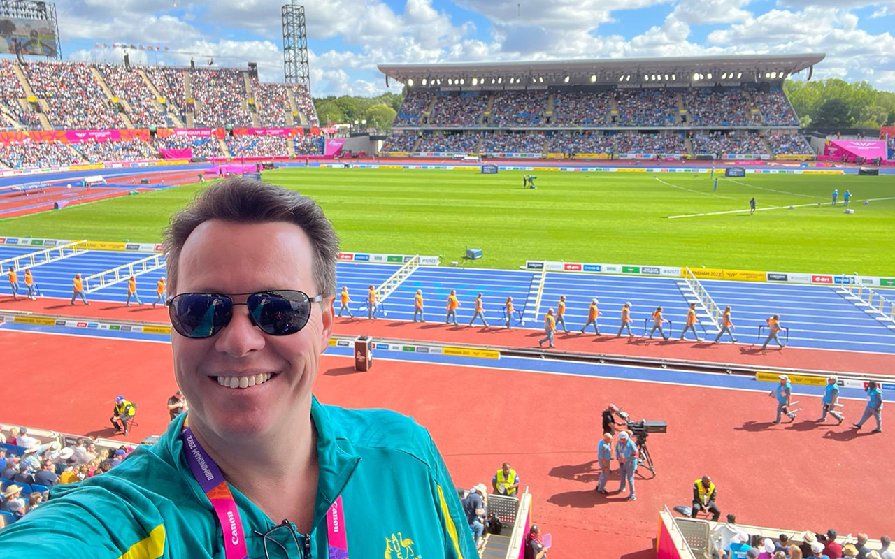 Australian Sports Commission CEO Kieren Perkins OAM at Birmingham's Alexander Stadium during athletics events for the 2022 Commonwealth Games.