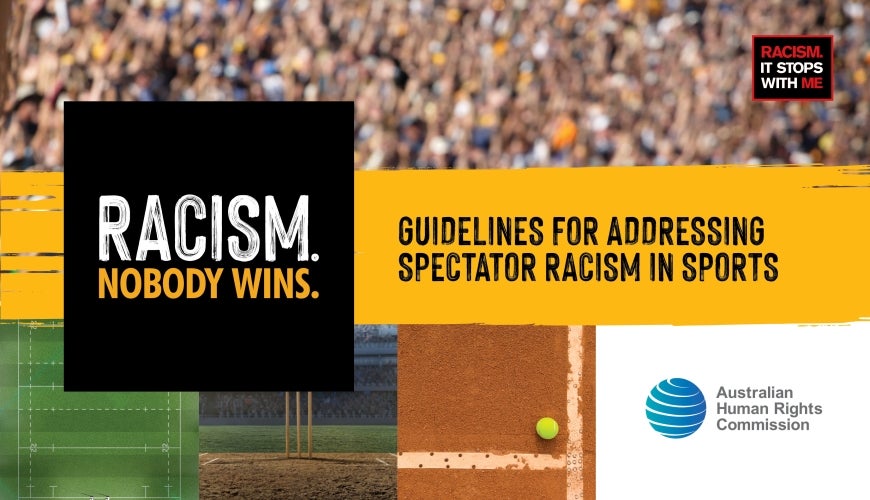 Text: Racism. Nobody Wins. Guidelines for Addressing Spectator Racism in Sports. Logo: Racism. It Stops With Me; Logo: Australian Human Rights Commission. Images of a crowd, sporting field, cricket stumps, tennis ball on clay court..
