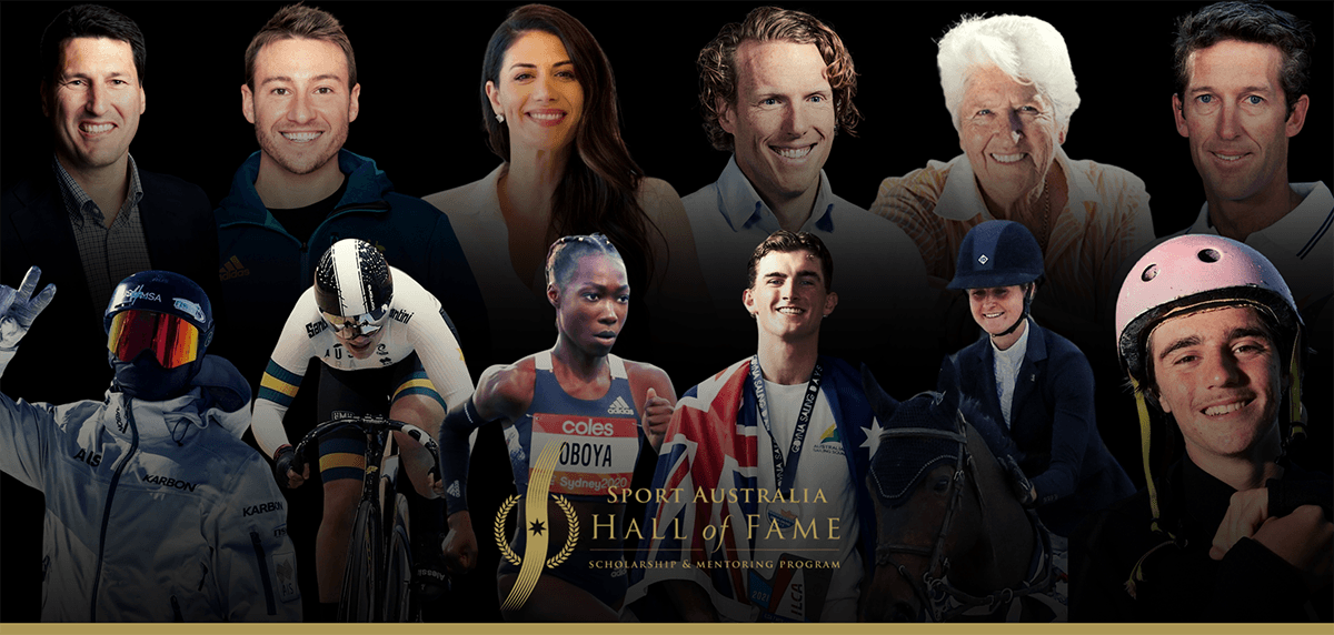 Sport Australia Hall of Fame mentors, rear, from left: John Eales, Matthew Mitcham, Stephanie Rice, Steve Hooker, Dawn Fraser and Malcolm Page; and 2022 Tier 1 scholarship holders, front, Cooper Woods, Alessia McCaig, Bendere Oboya, Zac Littlewood, Jess Rice-Ward and Mikayo Mundy. Artwork courtesy Sport Australia Hall of Fame.