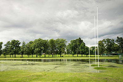 A rugby field under water