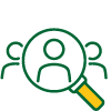 Magnifying glass highlighting one person in a group of three figures