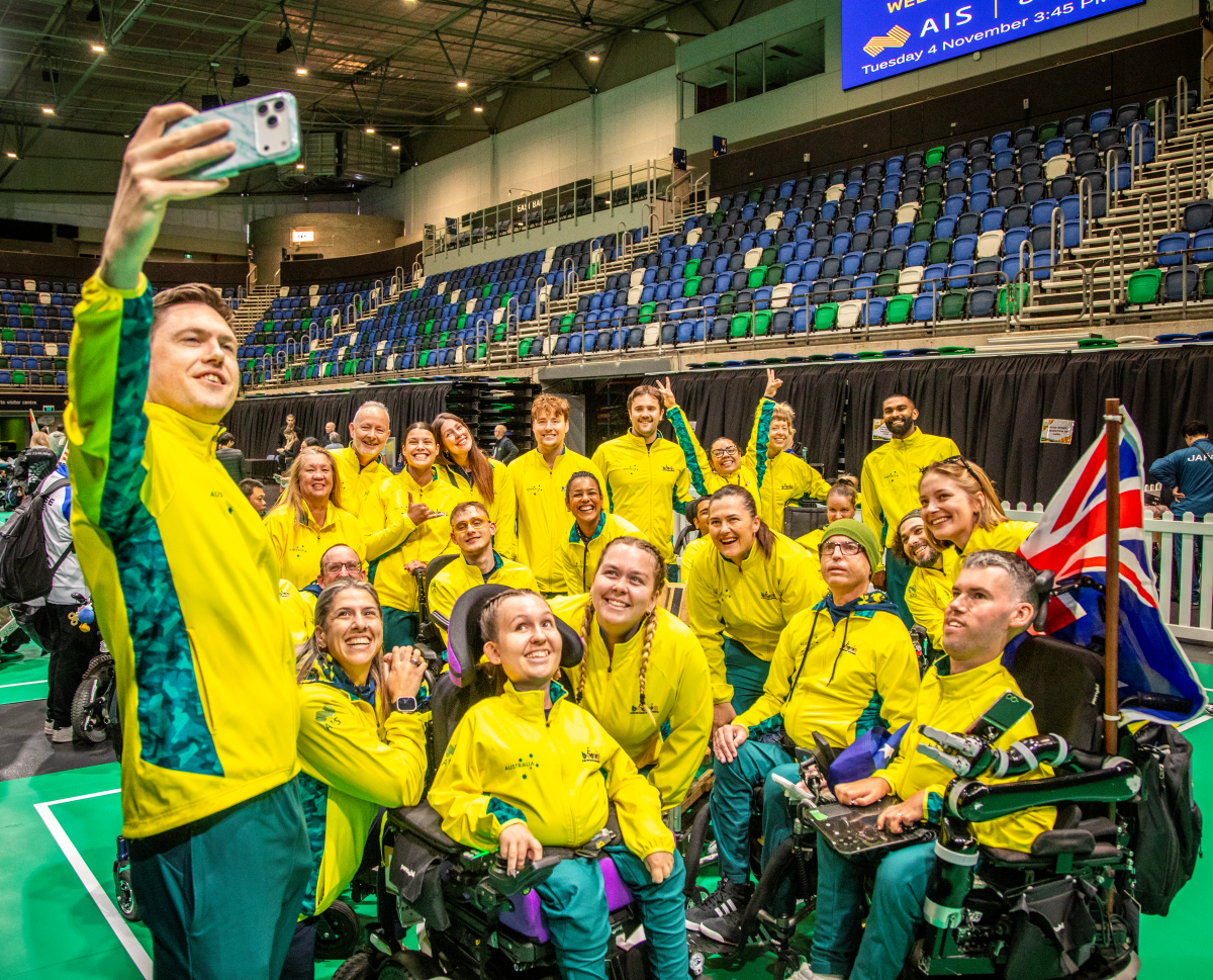 The Australian team taking a group selfie at the 2025 World Boccia Challenger at the AIS Arena.