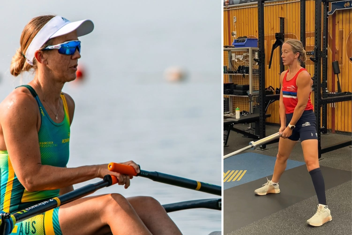Split image of Para rower Lisa Greissl rowing on the water and training in the AIS gym
