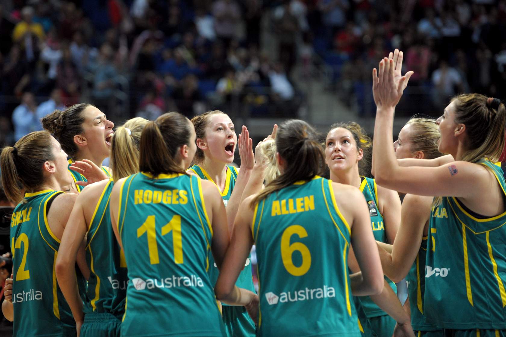 Womens basketball Opals team celebrating