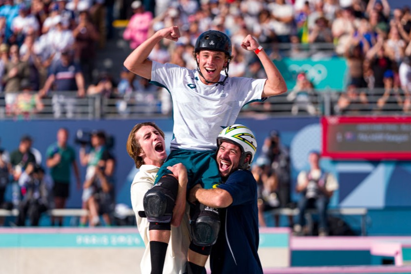 Australian skateboarder Keegan Palmer celebrates winning gold at the 2024 Paris Olympic Games.