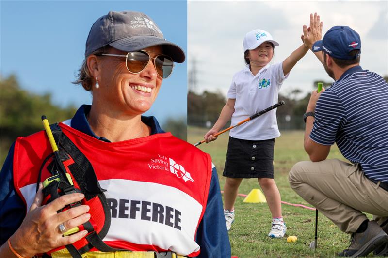 An image of a surf life saving referee and another image of a young girl holding a golf club high-fiving her coach.