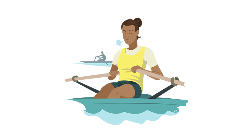Female rower in boat with oars thinking