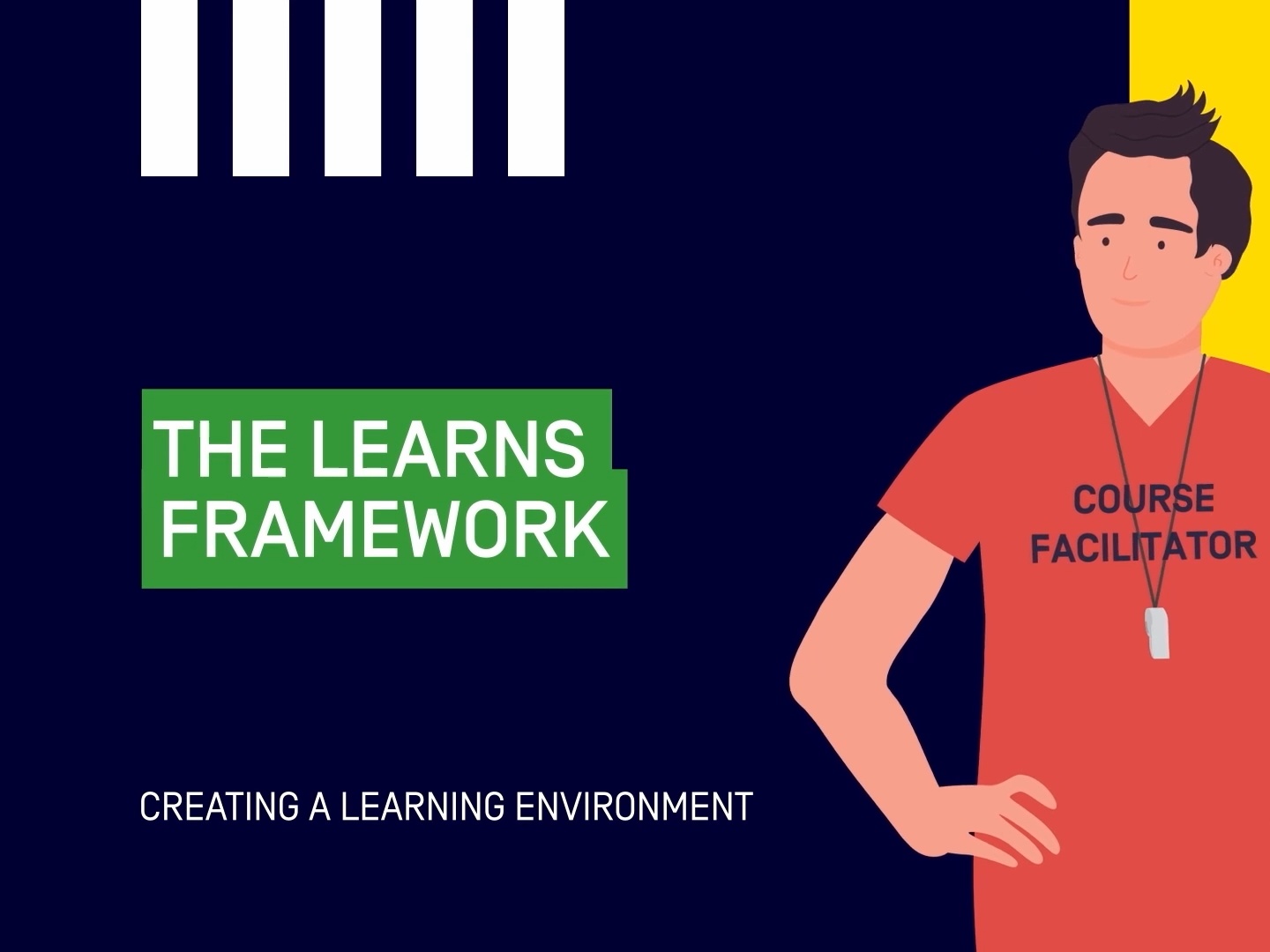 Graphic titled "The LEARNS Framework" with an illustration of a course facilitator, introducing six principles for creating effective learning environments for coaches and officials.