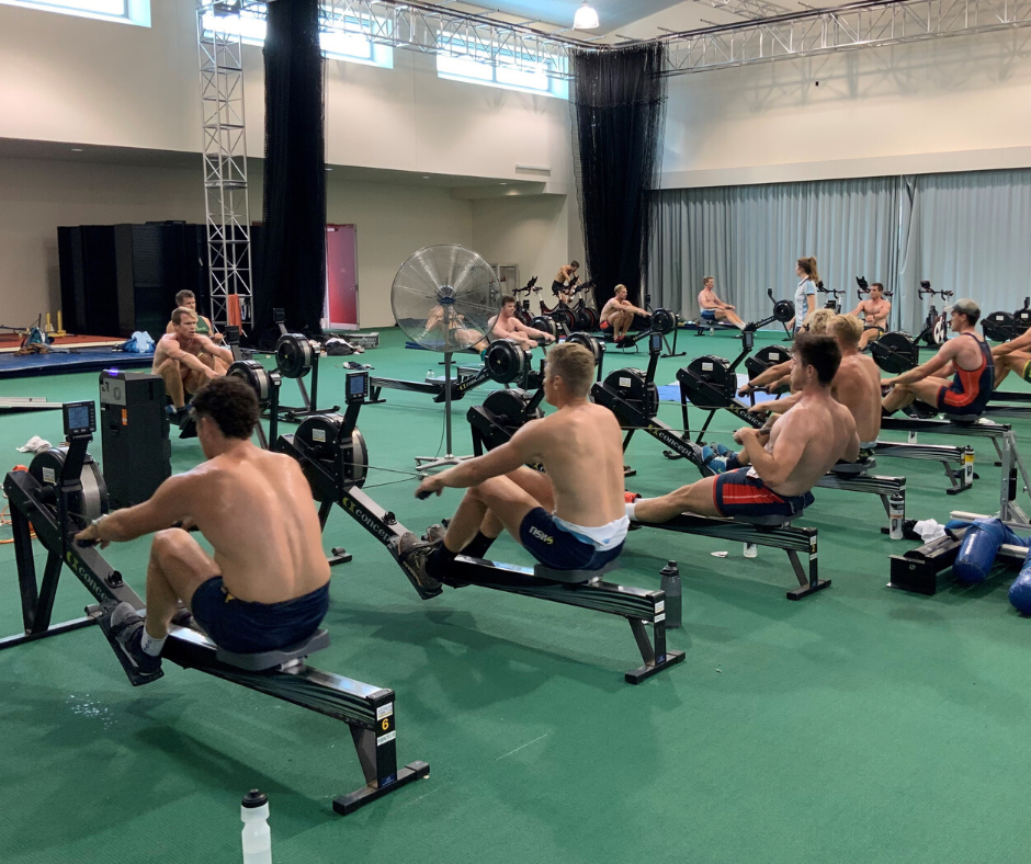 Rowers from the Reinhold Batschi Men’s National Training Centre utilising the indoor facilities during their AIS visit