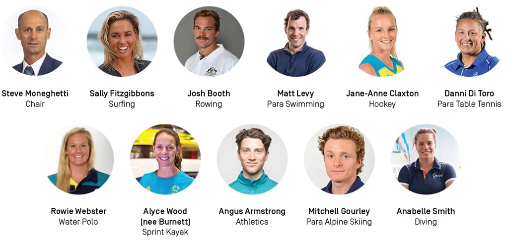Photos of the AIS Athlete Advisory Committee: Steve Moneghetti - Chair, Sally Fitzgibbons - Surfing, Josh Booth - Rowing, Matt Levy - Para Swimming, Jane-Anne Claxton - Hockey, Danni Di Toro - Para Table Tennis, Rowie Webster - Water Polo, Alyce Wood (nee Burnett) -Sprint Kayak, Angus Armstrong - Athletics, Mitchell Gourley - Para Alpine Skiing, Anabelle Smith - Diving.