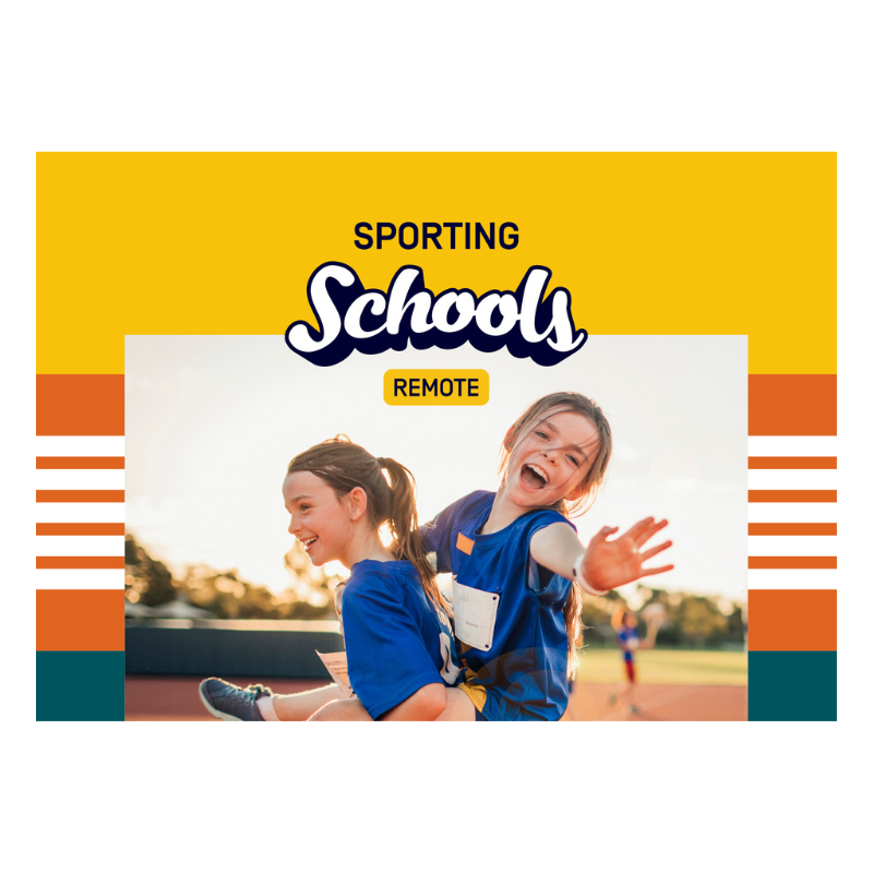 Two young girls playing on an athletics track overlayed on a digital asset with a Remote Sporting Schools title