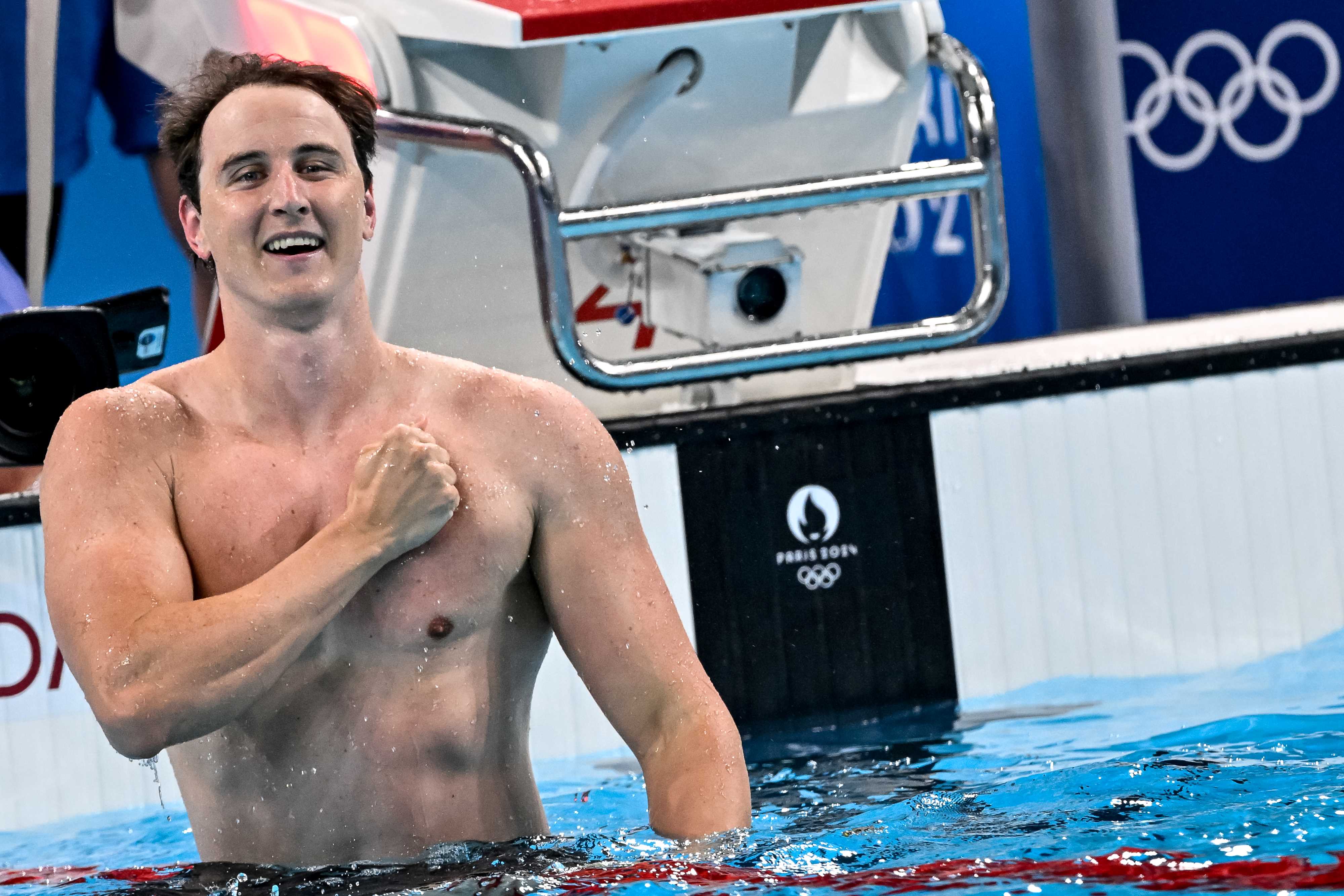 Australian swimmer Cameron McEvoy celebrates winning gold in the 50m free at the Paris 2024 Olympic Games.
