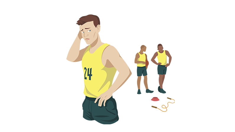 Three male basketball players unsure and thinking