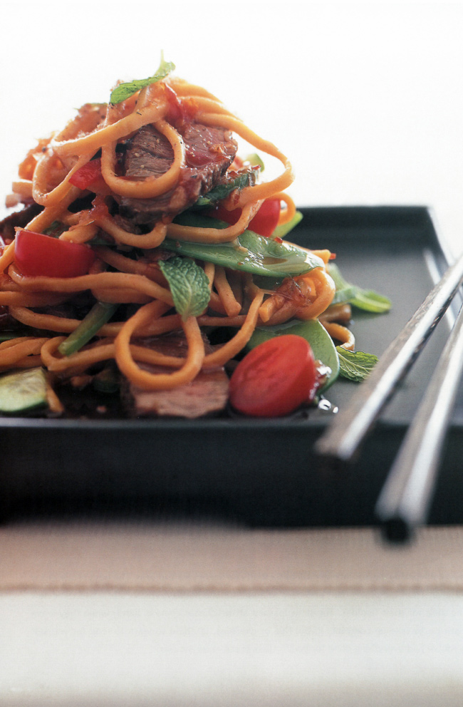 HINT: You can also replace the beef with chicken. Either stirfry 300 g chicken breast fillet, cut into strips, or use the meat from half a barbecue chicken, avoiding any skin or fat.