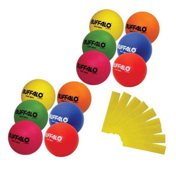 A photo of equipment for schools including balls