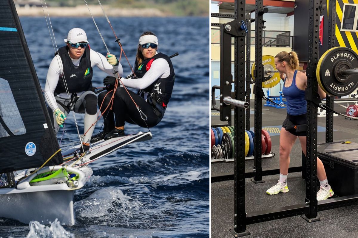 Laura Harding sailing on the water alongside a picture of her training in the AIS gym.