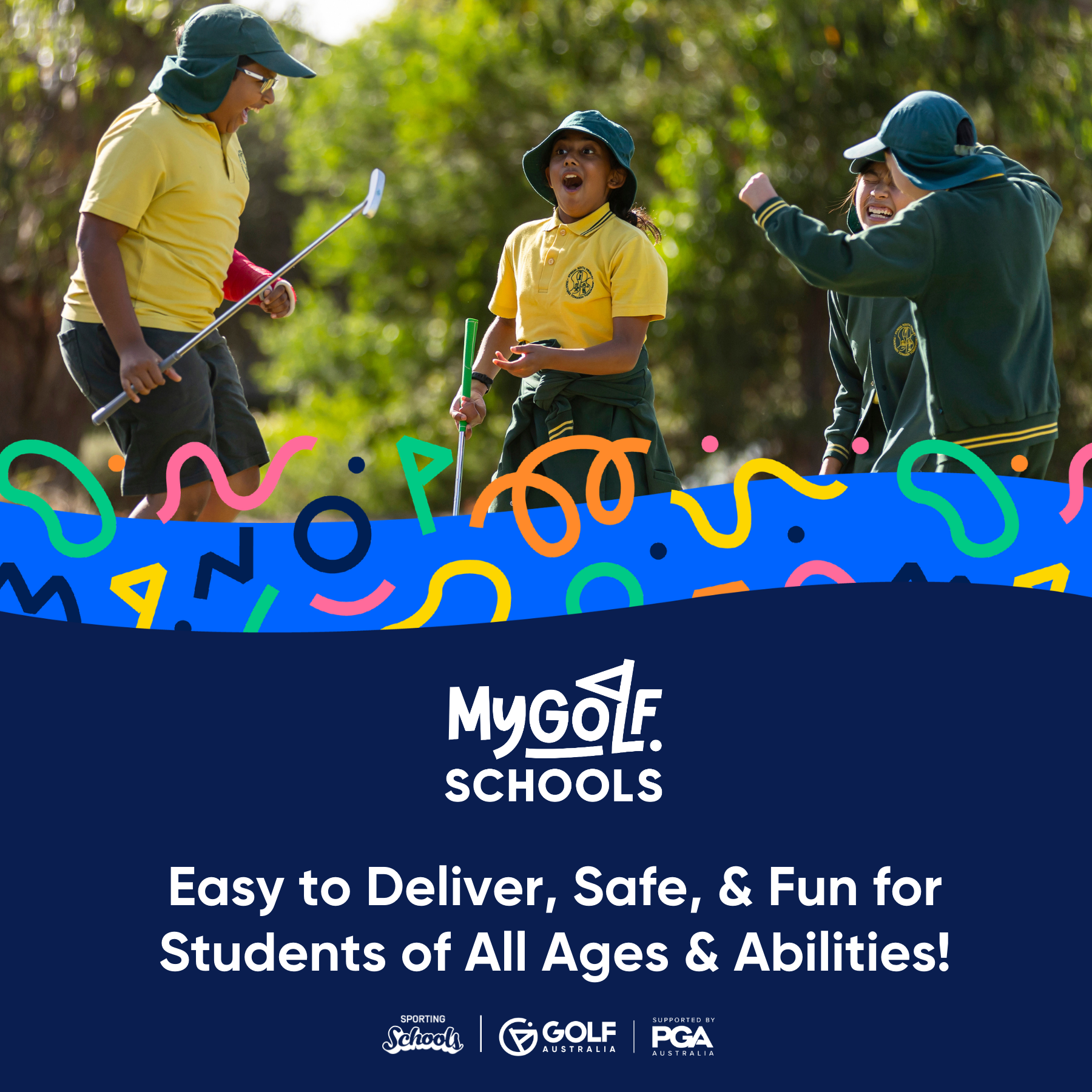 3 young kids playing golf, smiling and having fun