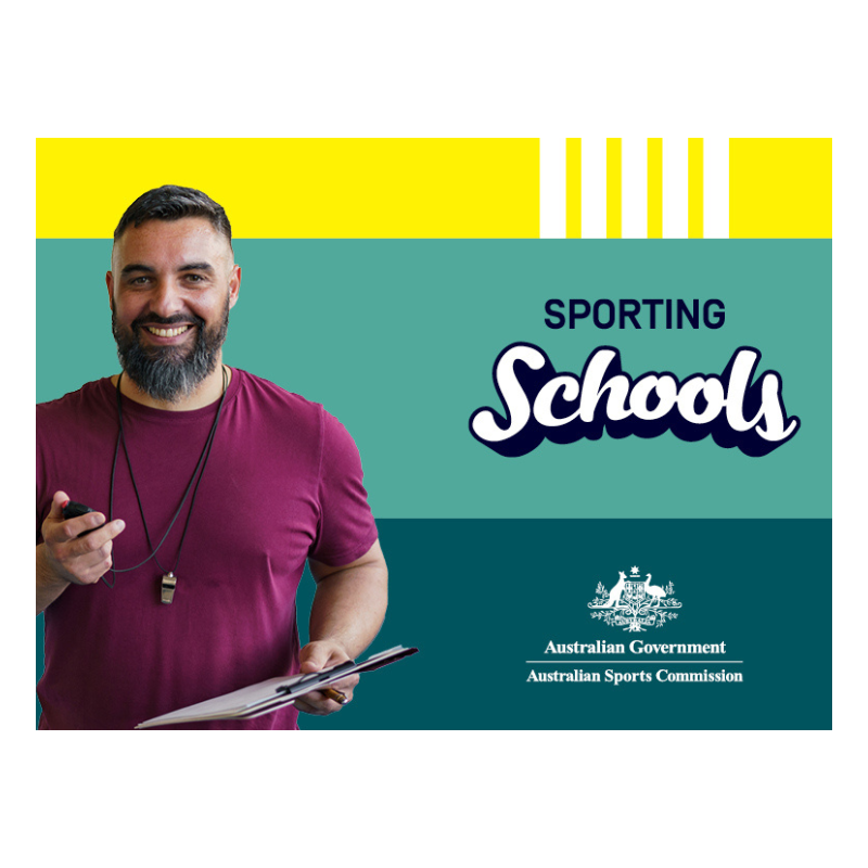 a sport coach holding a whilst overlayed on a digital asset reading Sporting Schools