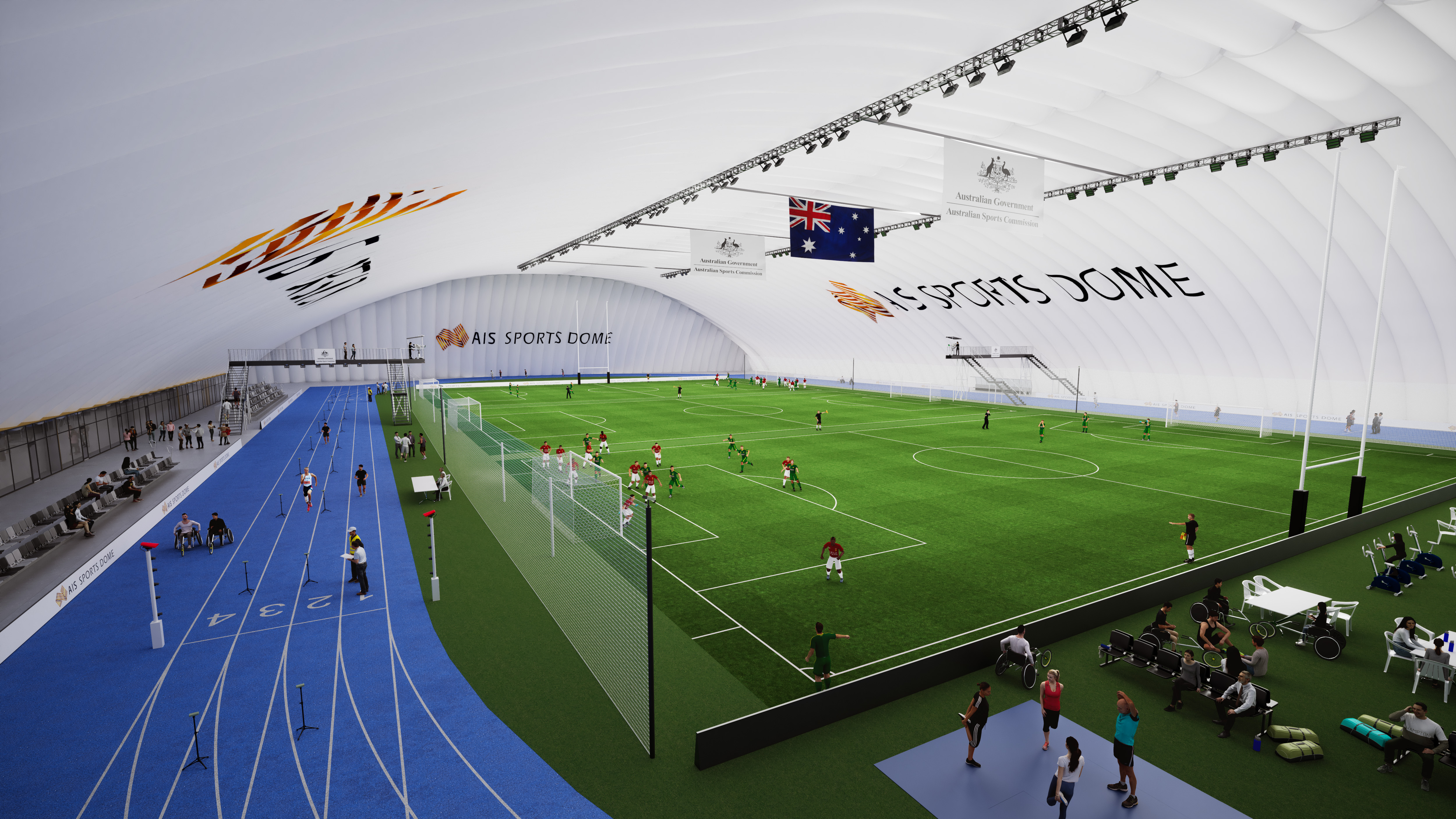 An artist's impressions of what the AIS indoor sports dome will look like, Featuring a 24/7 all-weather training facilities for track and field sports .