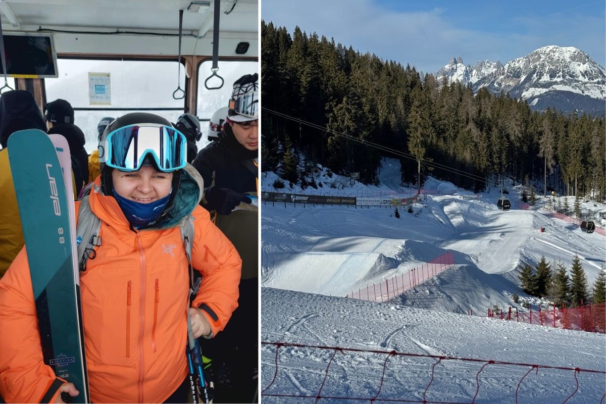 Lara Falk holding skis paired with an image of a ski course in Rieteralm Austria.